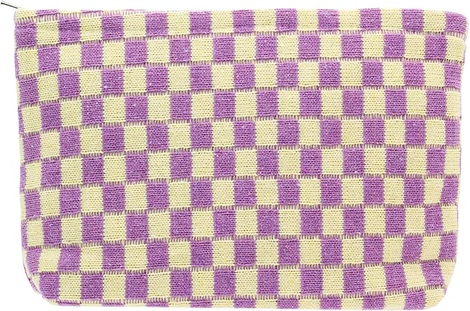 PAZIMIIK Checkered Makeup Bag for Purse, Small Flat Cosmetic Pouch,Purple