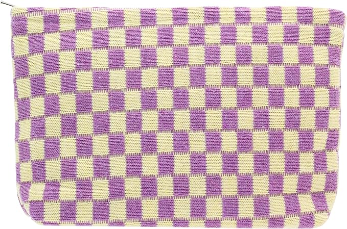 PAZIMIIK Checkered Makeup Bag for Purse, Small Flat Cosmetic Pouch,Purple