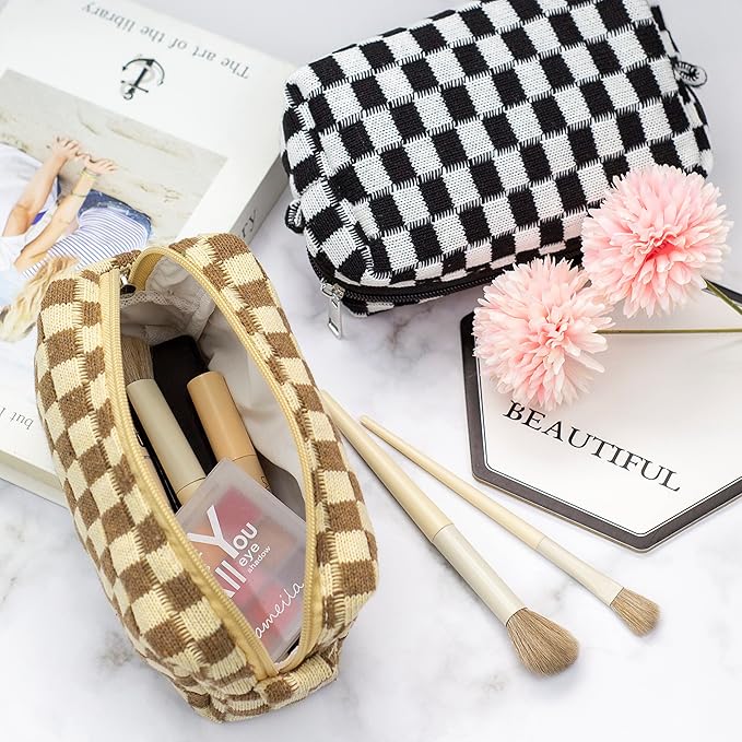 Checkered Makeup Bag for Purse, Small Travel Cosmetic Pouch,Coffee,6 Pack