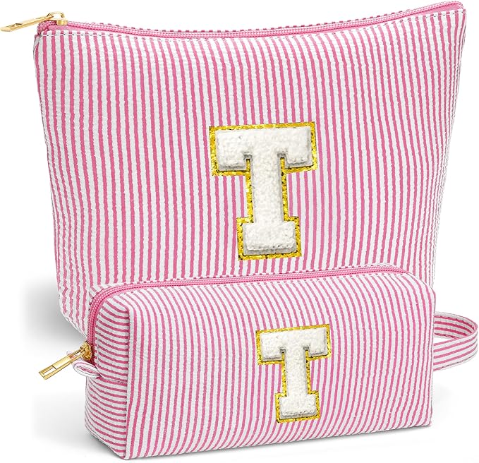 Fohufo Initial Makeup Bag for Women - Travel Pouch, Portable Cosmetic Bag Make up Kit Pouch | Travel Essentials Cute Makeup Bag Birthday Gifts for Women, Pink Letter T