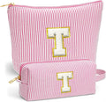Fohufo Initial Makeup Bag for Women - Travel Pouch, Portable Cosmetic Bag Make up Kit Pouch | Travel Essentials Cute Makeup Bag Birthday Gifts for Women, Pink Letter T