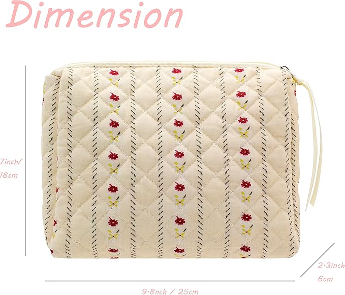 Quilted Makeup Pouch for Women, Travel Cosmetic&Toiletry Bag,Flower Beige