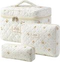 HBselect Quilted Makeup Bag, 3Pcs Cotton Large Travel Makeup Bags Organizer