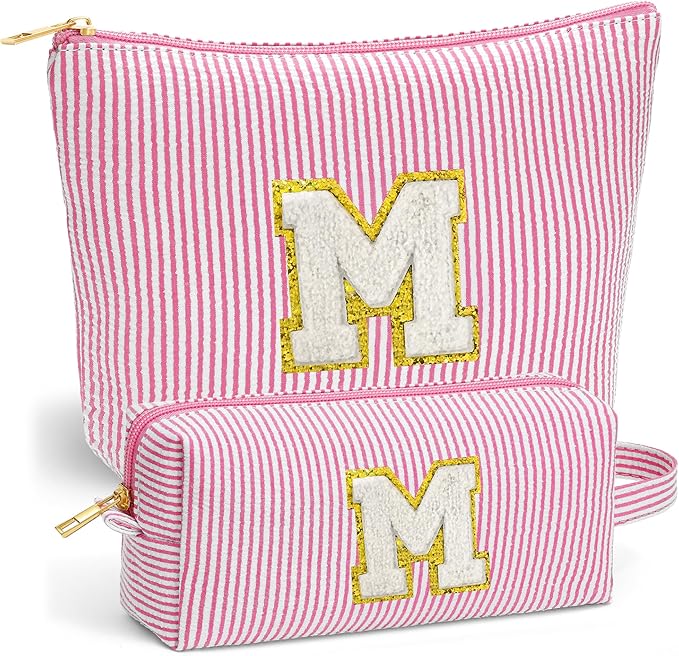 Fohufo Teacher Appreciation Gifts for Women - 2026 Teacher Gifts Cute Makeup Bag, Personalized Initial Makeup Bags Set, Pink Letter M