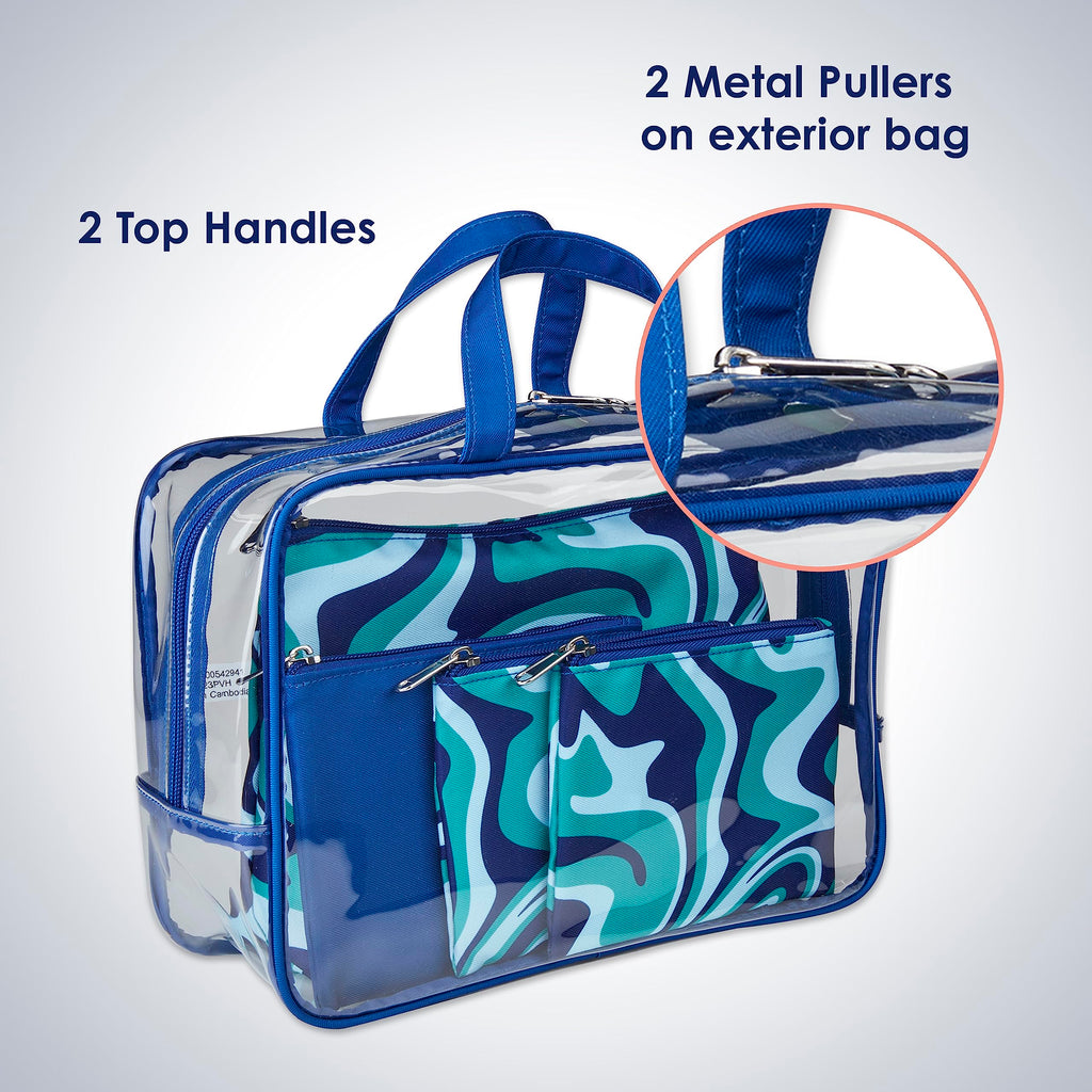 Conair 5 Piece Toiletry and Cosmetic Bag Set Under $30, Includes 1 Large Weekender Bag and 4 Organizer Bags in Blue Swirl Prints