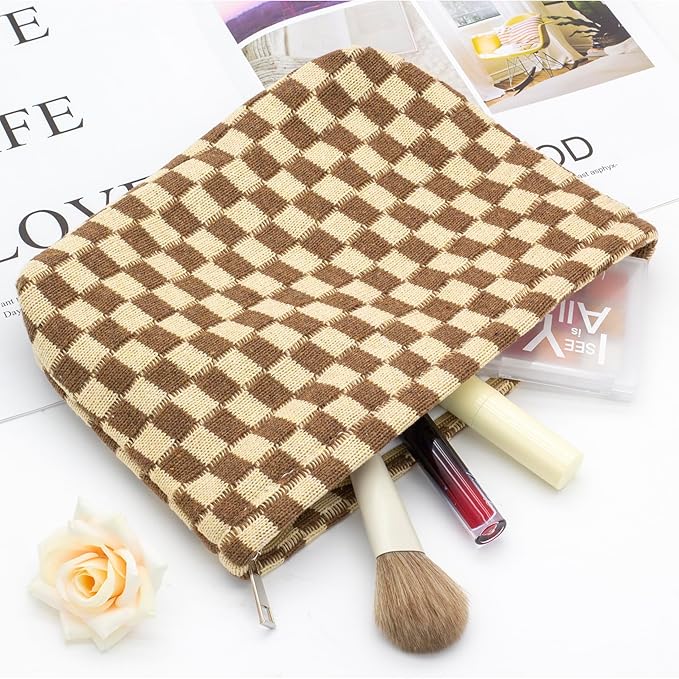PAZIMIIK Checkered Makeup Bag for Purse, Small Flat Cosmetic Pouch,Coffee