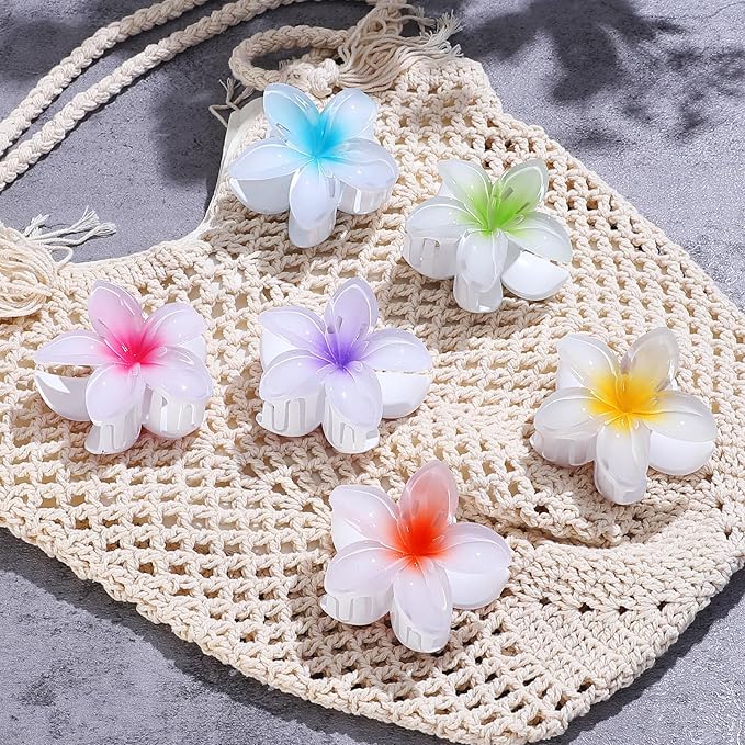 CHANDAT Flower Hair Clips 6 PCS Hawaiian Claw Clips for Vacation Hibiscus Hair Claw Clips Cute Large Hair Clips for Thick and Thin Hair Plumeria Hair Accessories for Women Girls -White Colorful