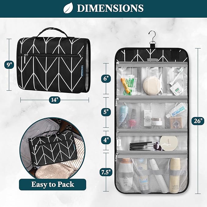 PAVILIA Hanging Toiletry Bag for Women Men, Large Foldable Toiletries Organizer with Hook, Water-Resistant Makeup Cosmetic Rollup Case, Clear Pockets for Bathroom, Gym, Cruise (Black Chevron)