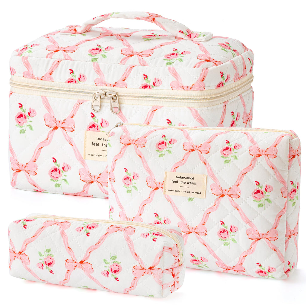 HBselect Quilted Makeup Bag, 3Pcs Cotton Large Travel Makeup Bags Organizer