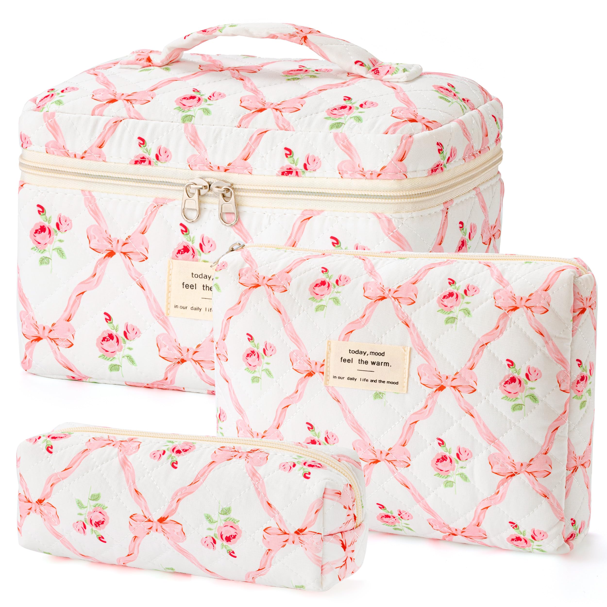 HBselect Quilted Makeup Bag, 3Pcs Cotton Large Travel Makeup Bags Organizer