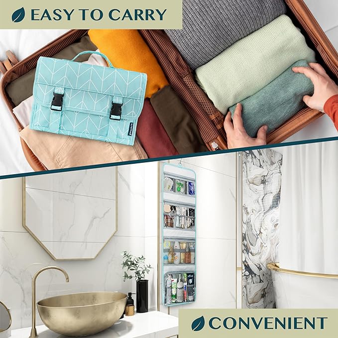 PAVILIA Travel Hanging Toiletry Bag for Women Men, Large Capacity Makeup Bag Kit, Waterproof Cosmetic Storage Organizer Case for Bathroom Shower, Teal Chevron