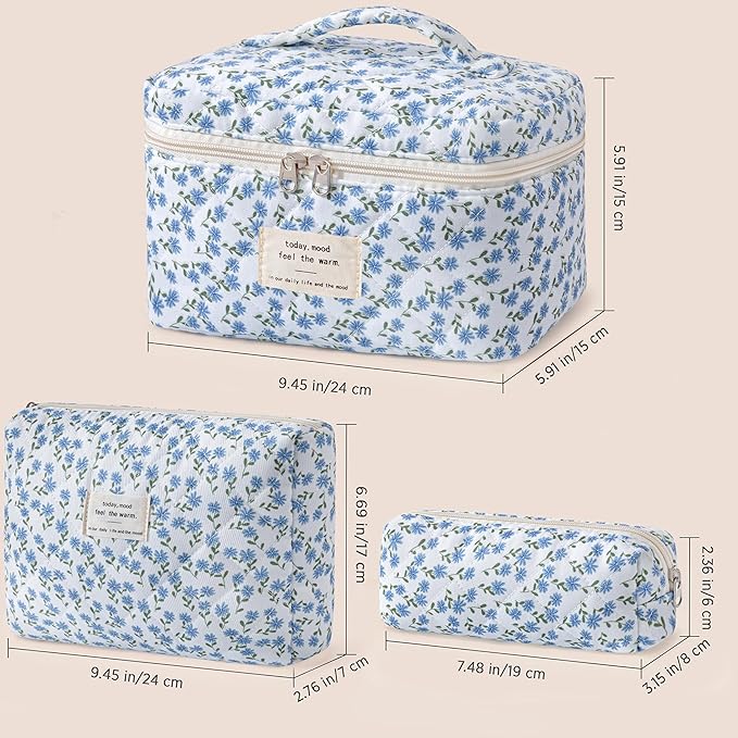 HBselect Quilted Makeup Bag, 3Pcs Cotton Large Travel Makeup Bags Organizer