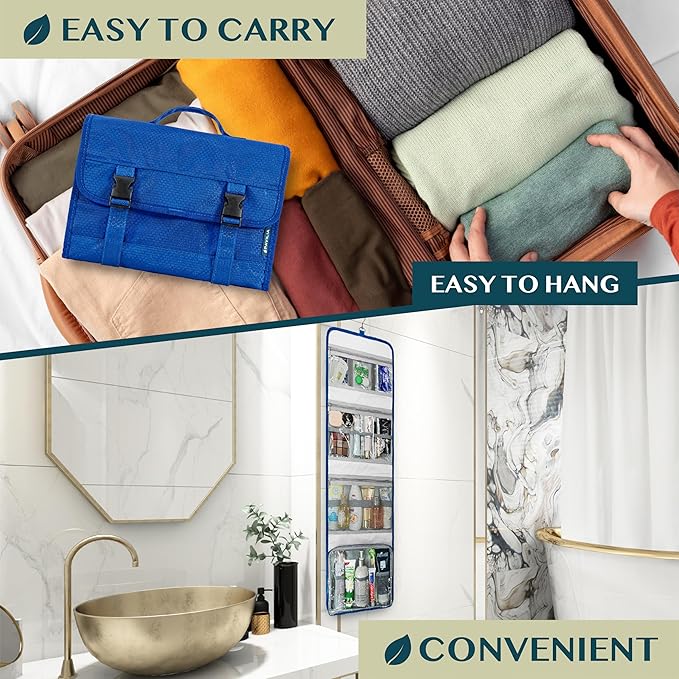 PAVILIA Travel Hanging Toiletry Bag for Women Men, Large Capacity Makeup Bag Kit, Waterproof Cosmetic Storage Organizer Case for Bathroom Shower, Royal Blue