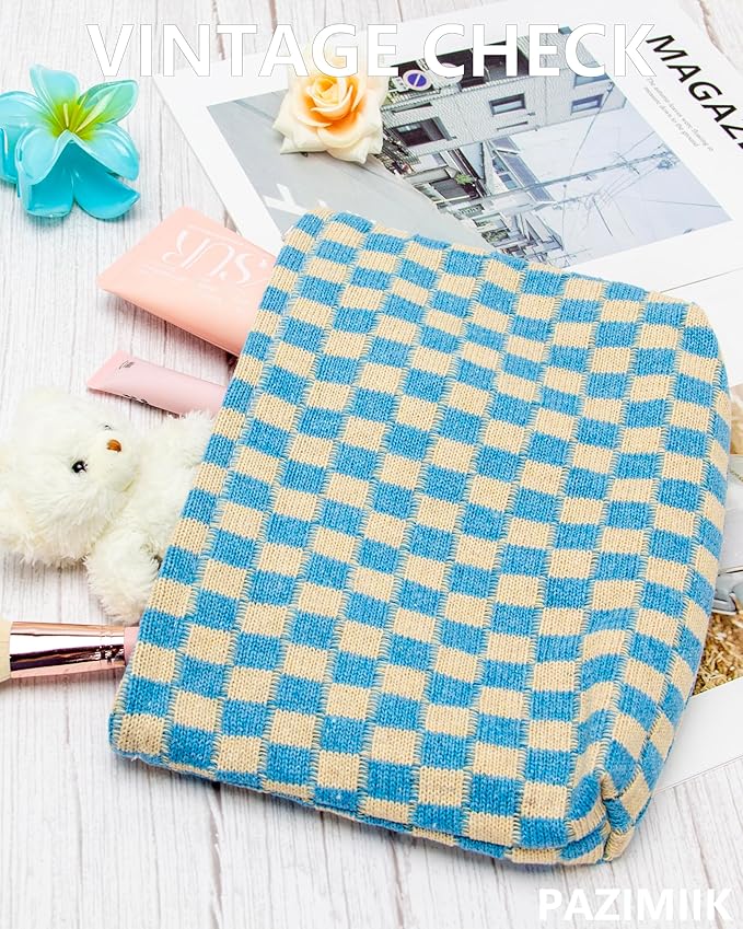 Checkered Makeup Bag for Purse, Small Flat Cosmetic Pouch,Blue Beige