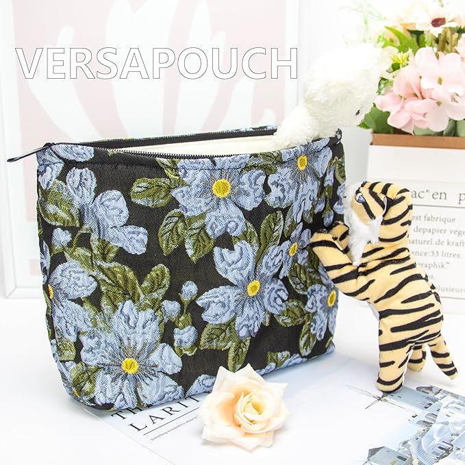 Flat Makeup Bag for Women,Zipper Cosmetic Pouch Purse,Brocade Flower Black