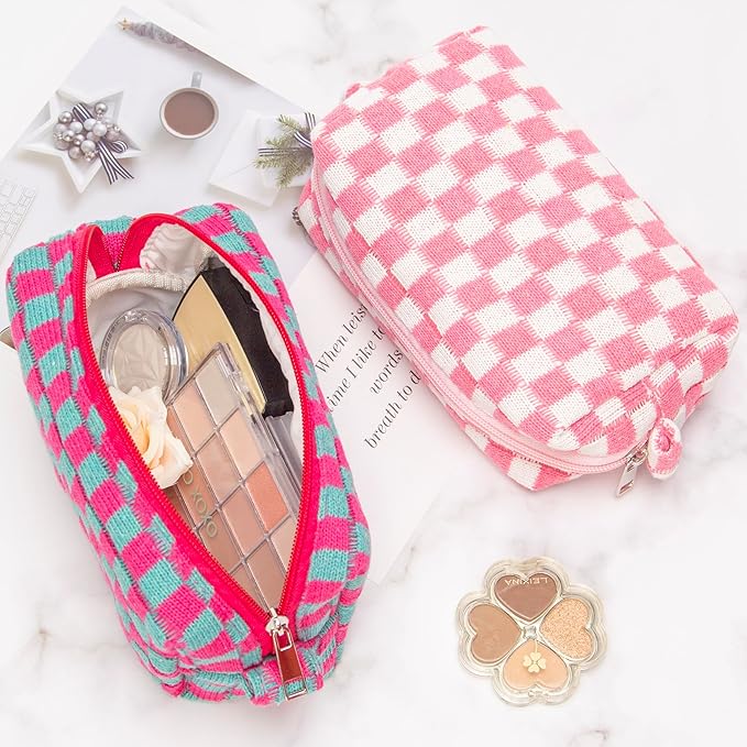 Checkered Makeup Bag for Purse, Small Travel Cosmetic Pouch,Pink,2 Pack
