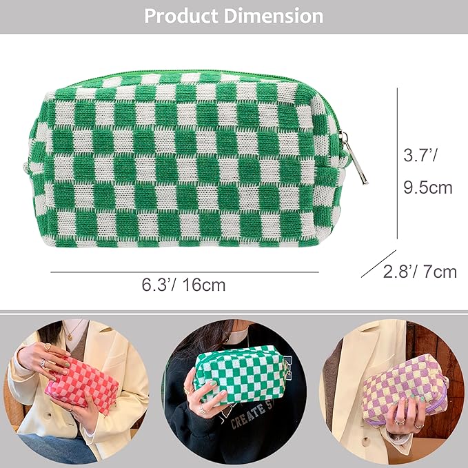 PAZIMIIK Checkered Makeup Bag for Purse, Small Travel Cosmetic Pouch,Green