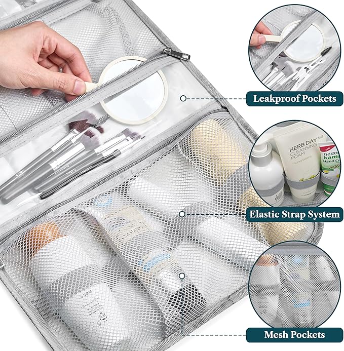 PAVILIA Hanging Toiletry Bag for Women Men, Large Foldable Toiletries Organizer with Hook, Water-Resistant Makeup Cosmetic Rollup Case, Clear Pockets for Bathroom, Gym, Cruise (Heather Grey)