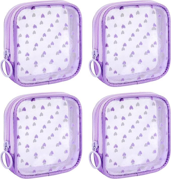 Sinzip 4 Pieces Mini Zipper Nylon Mesh Pouch, Mesh Cosmetic Bags Makeup Bags, Multipurpose Travel Toiletry Bags for Office Supplies and Travel Accessories (Heart Print-Purple, S)