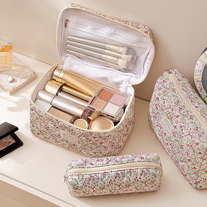 HBselect Quilted Makeup Bag, 3Pcs Cotton Large Travel Makeup Bags Organizer