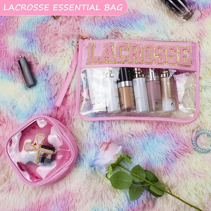 BuyCard 2 Pcs Lacrosse Gifts Makeup Bag with Chenille Letter Patch, Clear Cosmetic Pouch PVC Organizer Purse, Waterproof Travel Bag, Portable Toiletry Storage Bag for Her Girls Friends Women