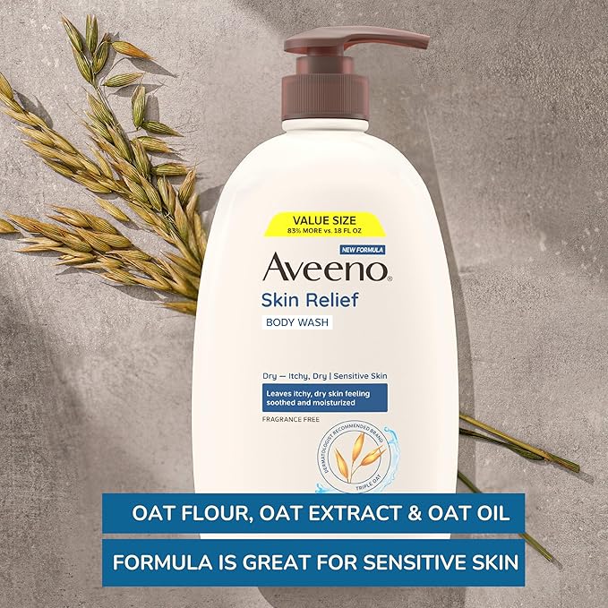 Aveeno Skin Relief Body Wash with Triple Oat Complex, Fragrance-Free, Gentle Daily Body Wash for Sensitive Skin Leaves Itchy, Dry Skin Feeling Soothed & Moisturized, Value Size 33 Fl Oz