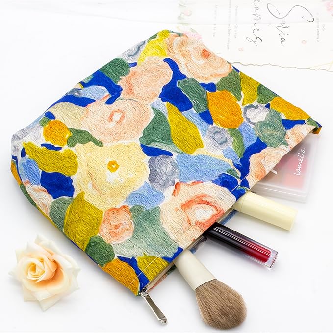 Flat Makeup Bag for Women,Zipper Cosmetic Pouch for Purse,Garden Blue