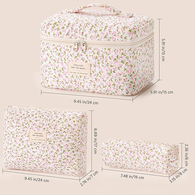 HBselect Quilted Makeup Bag, 3Pcs Cotton Large Travel Makeup Bags Organizer