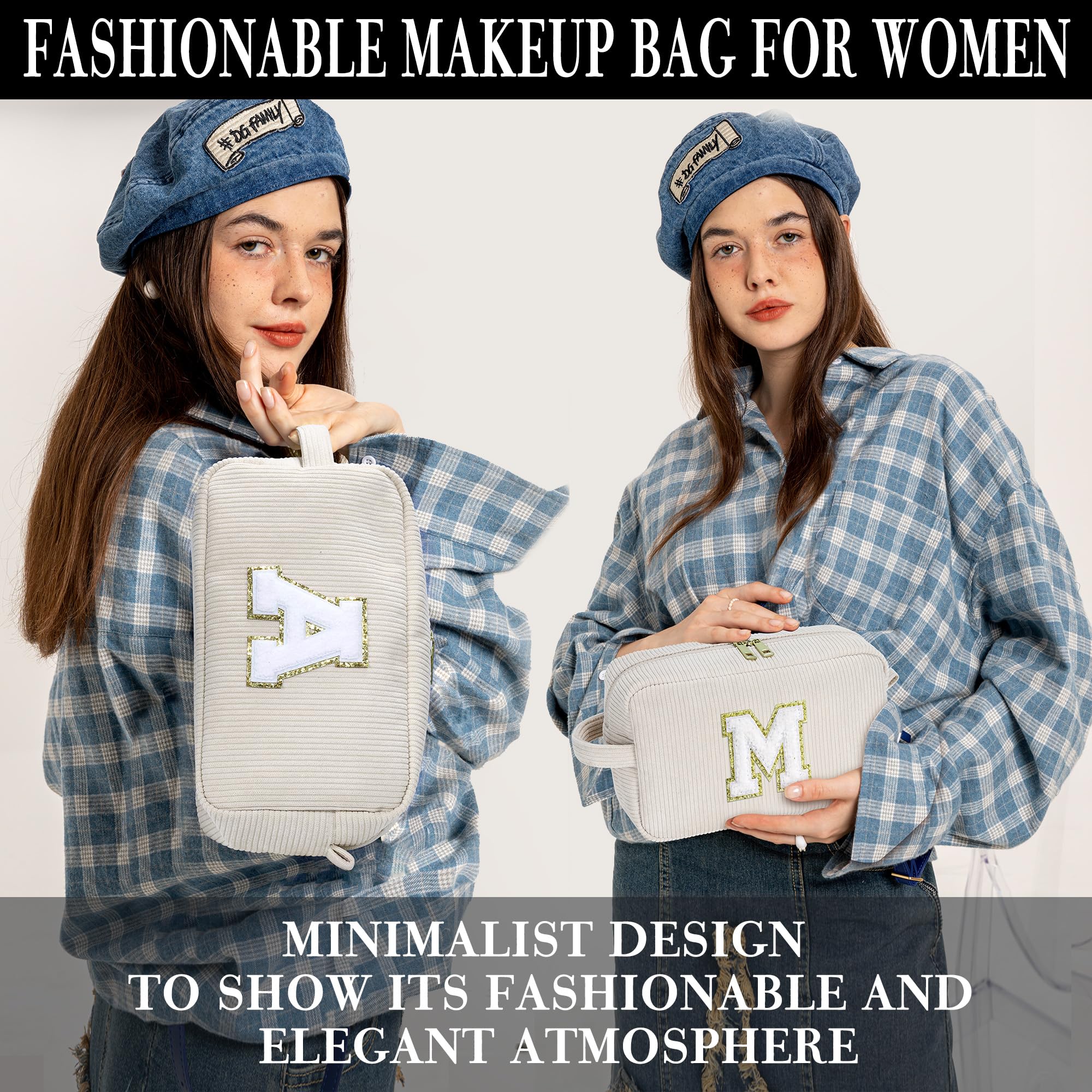 YOOLIFE Travel Makeup Bags for Women - Initial White Small Makeup Bag Makeup Pouch with Brush Pouch Makeup Bag Travel Must Haves 2 Pieces Cute Makeup Bag Best Friend Birthday Gifts for Women Letter E