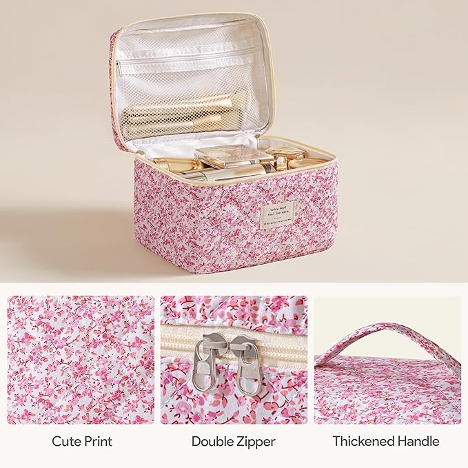 HBselect Quilted Makeup Bag, 3Pcs Cotton Large Travel Makeup Bags Organizer