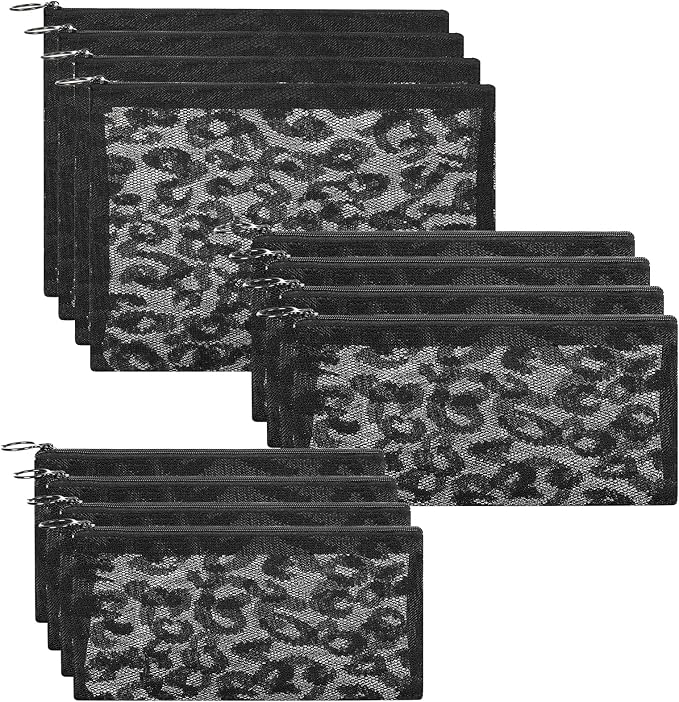 Sinzip 12 Pieces Zipper Nylon Mesh Pouch, Mesh Cosmetic Bags Makeup Bags Pencil Case, Multipurpose Travel Bags for Cosmetic School Office Supplies and Travel Accessories (Black Lace, Assorted Sizes)