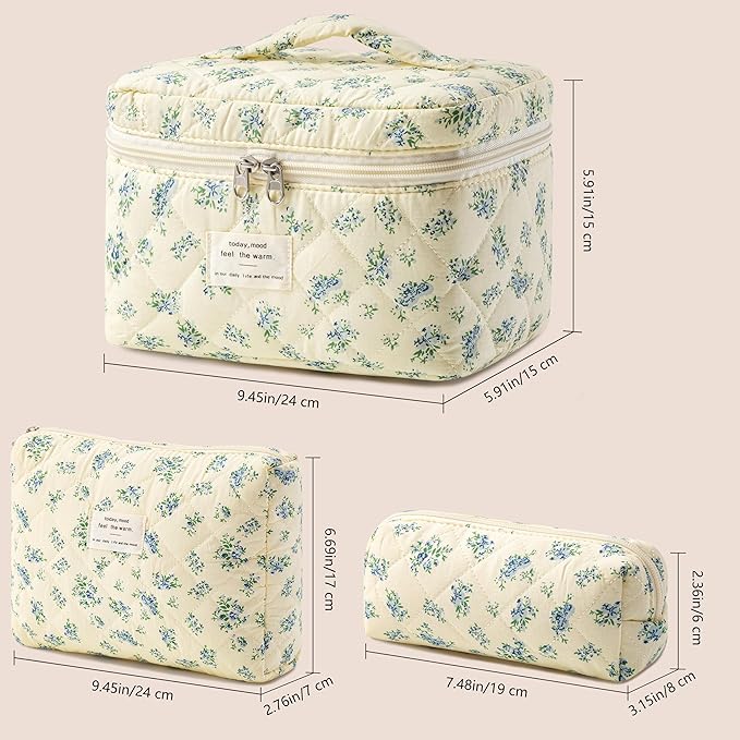 HBselect Quilted Makeup Bag, 3Pcs Cotton Large Travel Makeup Bags Organizer