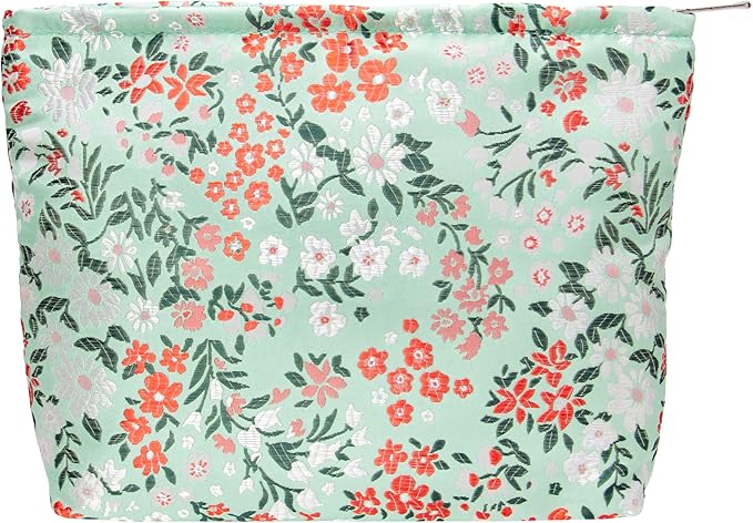 Flat Makeup Bag for Women,Zipper Cosmetic Pouch for Purse,Brocade Green