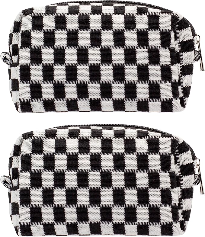 Checkered Makeup Bag for Purse, Small Travel Cosmetic Pouch,Black,2 Pack