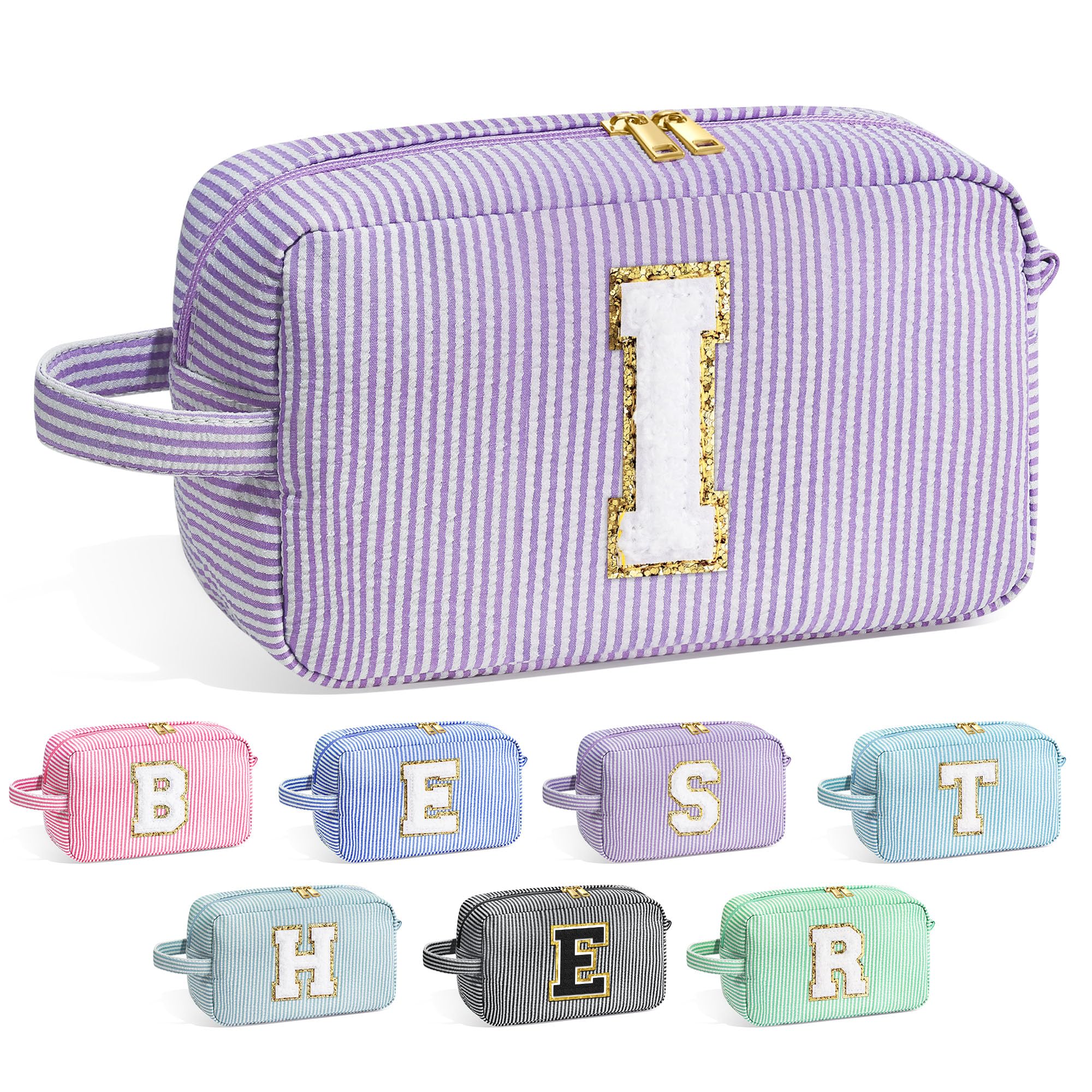 YOOLIFE Initial Cosmetic Bag for Women - Monogram Cute Makeup Bag Cosmetic Case Toiletry Pouch for Women Her Best Friend Sister Teacher, Personalized Birthday Gifts for Women, Purple I