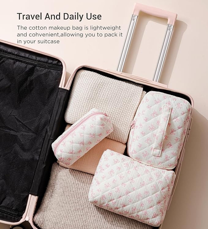HBselect Quilted Makeup Bag, 3Pcs Cotton Large Travel Makeup Bags Organizer