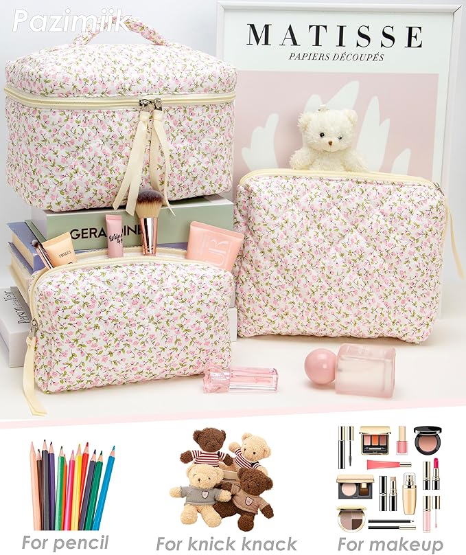 3 Piece Quilted Makeup Bag Set for Women,Cosmetic&Toiletry Bag,Floral Pink