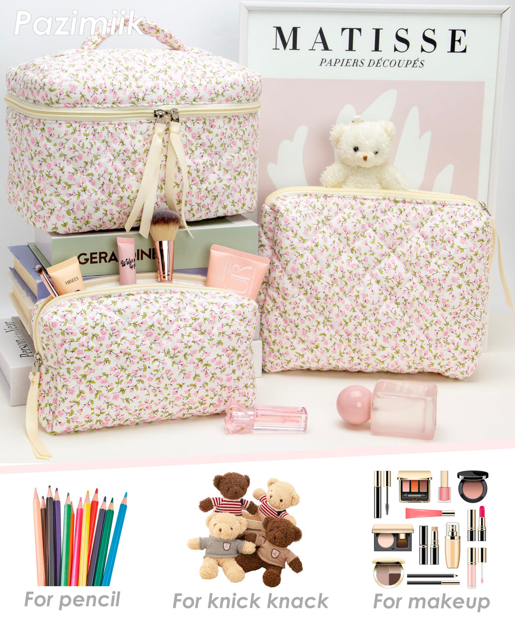 3 Piece Quilted Makeup Bag Set for Women,Cosmetic&Toiletry Bag,Floral Pink