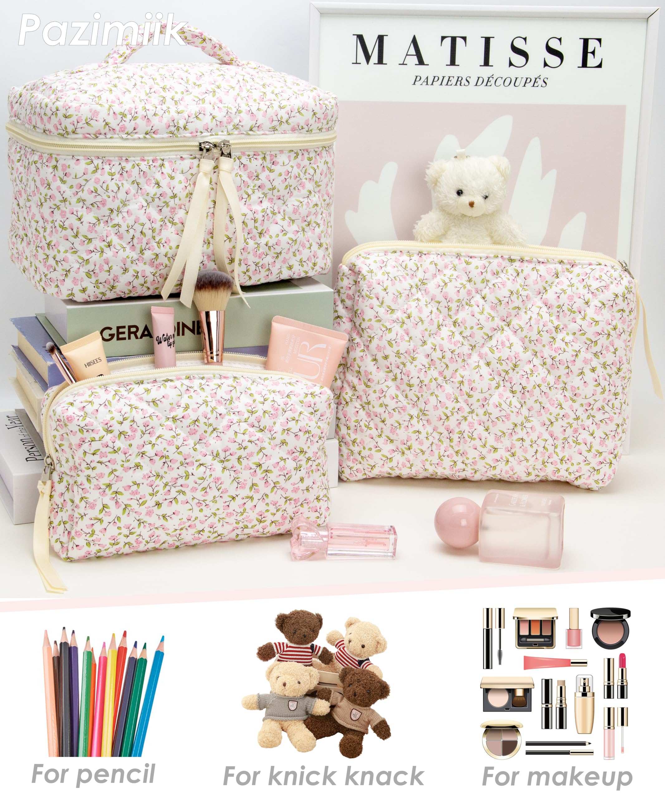 3 Piece Quilted Makeup Bag Set for Women,Cosmetic&Toiletry Bag,Floral Pink