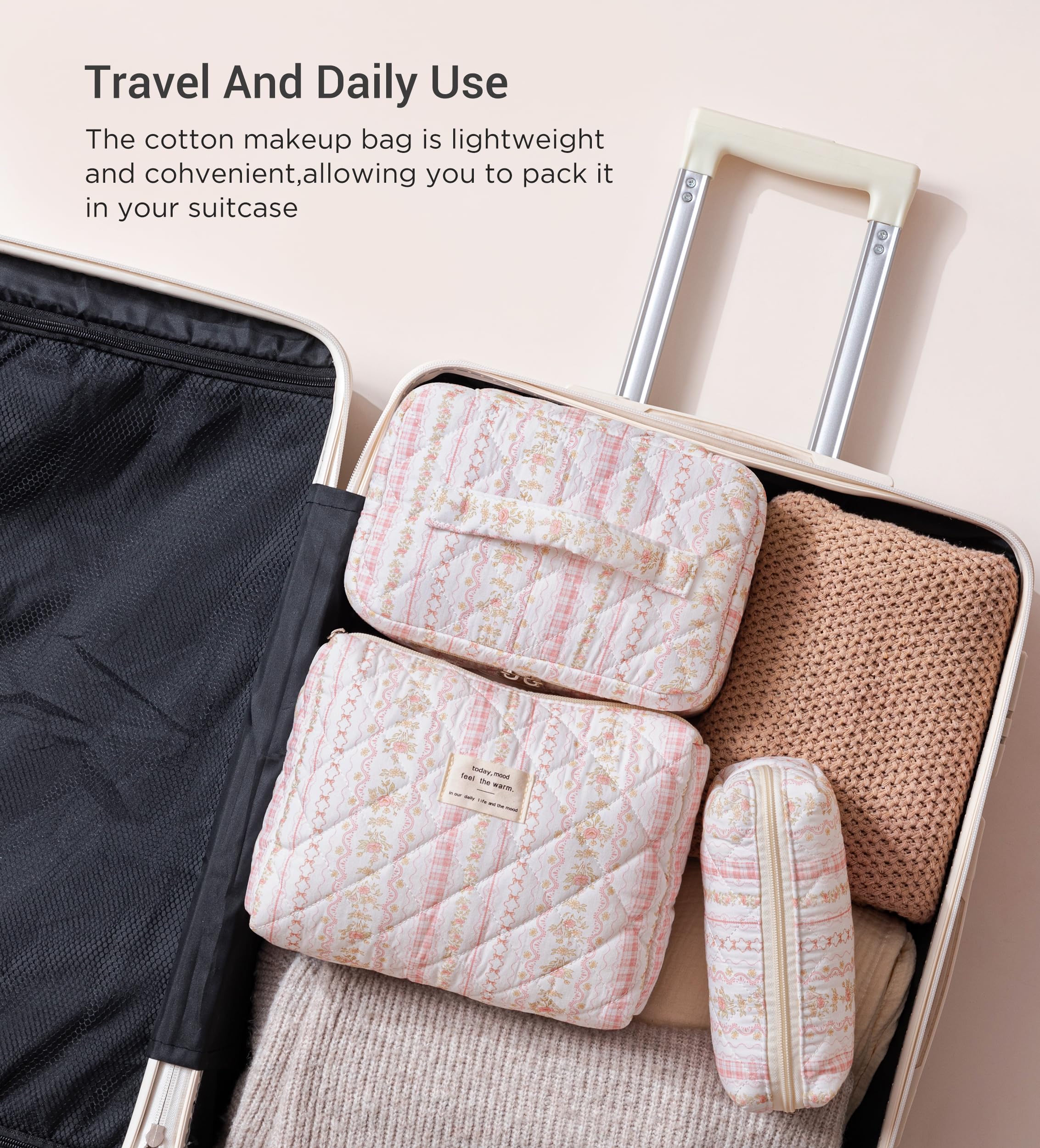 HBselect Quilted Makeup Bag, 3Pcs Cotton Large Travel Makeup Bags Organizer