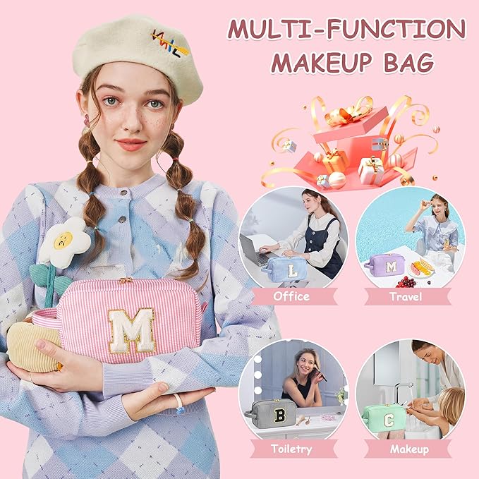 YOOLIFE Makeup Bag - Personalized Monogram Cosmetic Bag for Teen Girls, Purple Cute Travel Pouch
