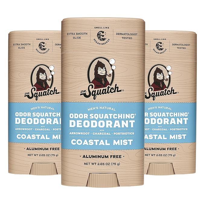 Dr. Squatch Natural Men’s Deodorant – Aluminum Free Natural Deodorant Men with Charcoal & Postbiotics for 72-Hour Odor Protection – Coastal Mist, 2.65oz Stick (3-Pack)