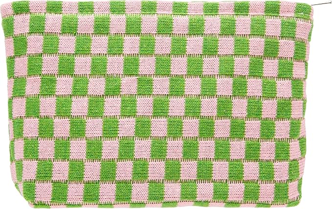 Checkered Makeup Bag for Purse, Small Flat Cosmetic Pouch,Pink Green