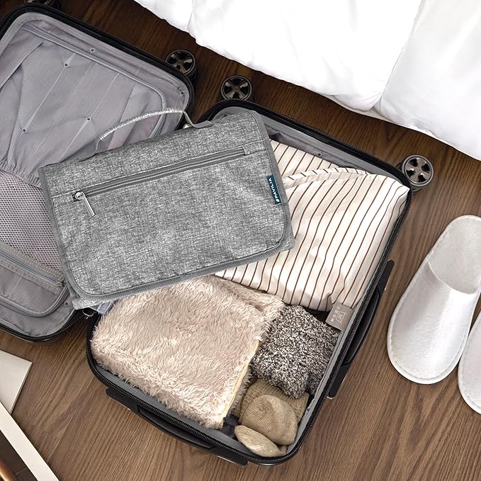 PAVILIA Hanging Toiletry Bag for Women Men, Large Foldable Toiletries Organizer with Hook, Water-Resistant Makeup Cosmetic Rollup Case, Clear Pockets for Bathroom, Gym, Cruise (Heather Grey)
