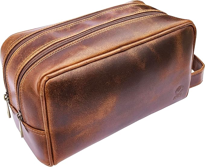 Leather Travel Toiletry Bag for Men, Full Grain Cosmetic Dopp Kit Organizer