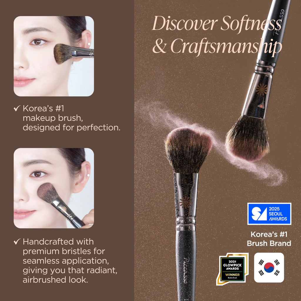Piccasso 108 Blusher Brush – Soft Gray Squirrel Hair for Smooth and Natural Cheek Makeup, Fluffy Powder Applicator with Excellent Color Payoff, Small Face Brush for Daily Use, Professional Beauty