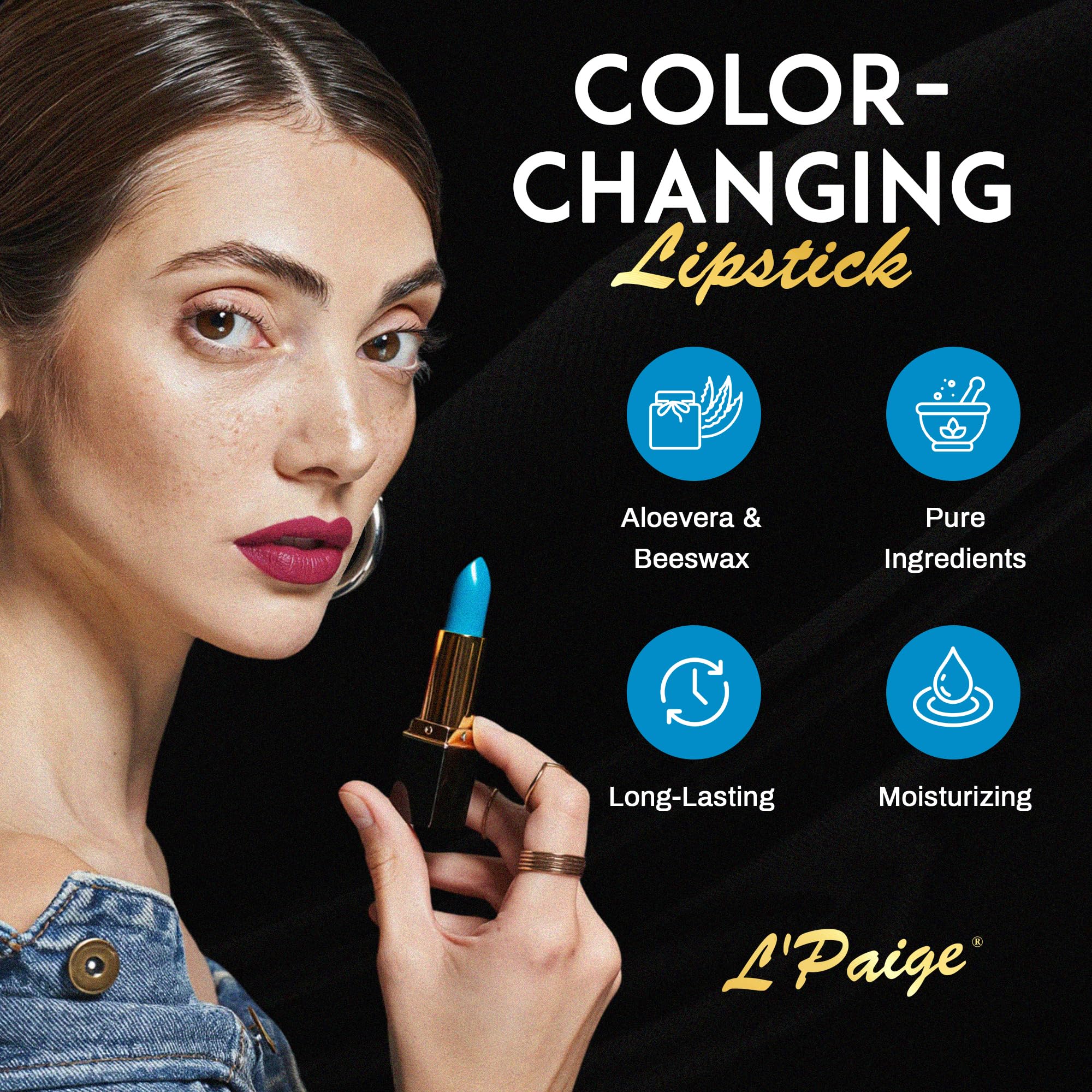 L'Paige pH Color-Changing Blue Lipstick | Blue to Deep Pink Burgundy Transformation | Aloe Vera Moisturizing Formula | Long-Lasting Lip Stain-Like Color | Shade LBL