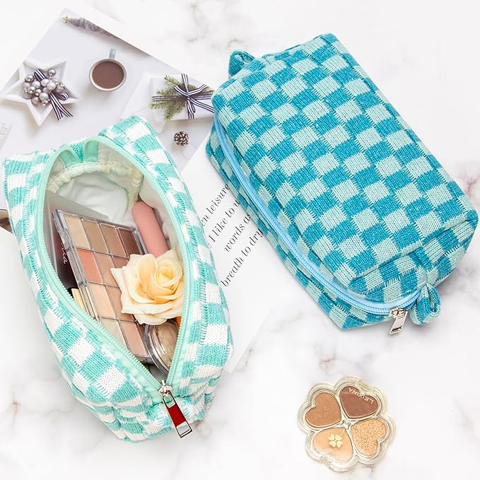 Checkered Makeup Bag for Purse, Small Travel Cosmetic Pouch,Lake Blue