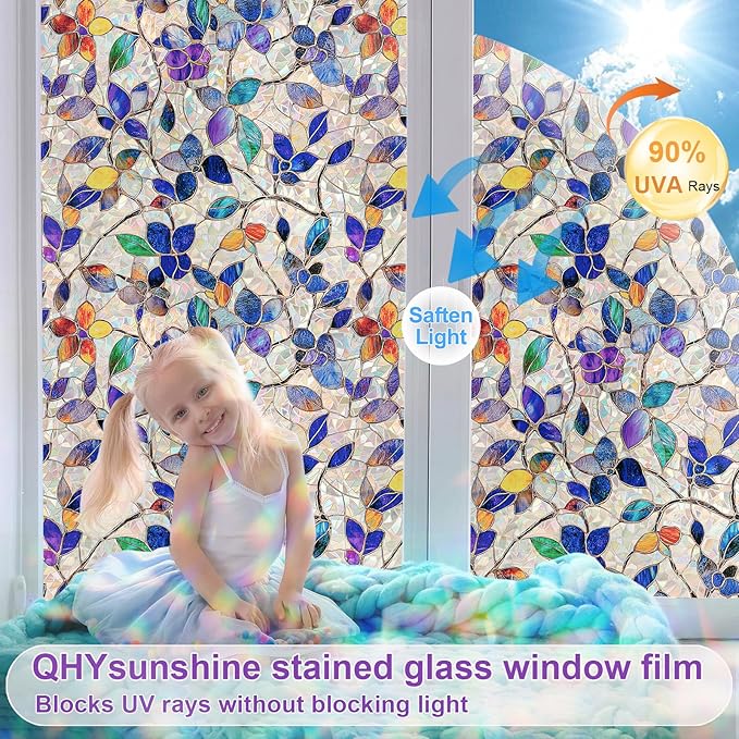 QHYsunshine Stained Glass Window Privacy FilmDecorative Rainbow Static Clings -ldeal for Home &Office,Adhesive-Free,Removable, Uv-Blocking (Purple Rainbow, 35.4 X 157.4 in)
