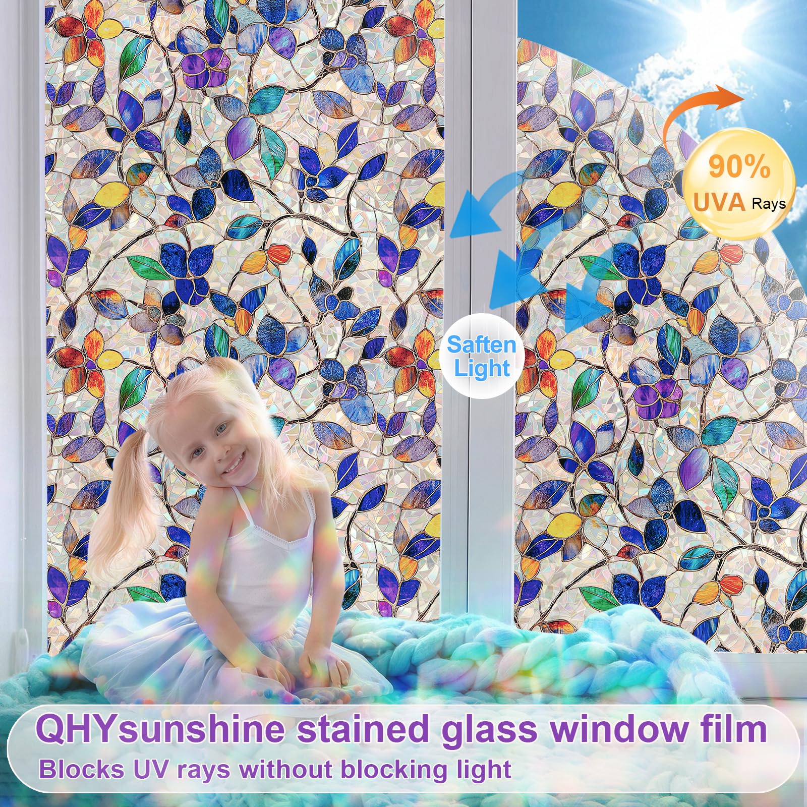 QHYsunshine Stained Glass Window Privacy FilmDecorative Rainbow Static Clings -ldeal for Home &Office,Adhesive-Free,Removable, Uv-Blocking (Purple Rainbow, 45.2 X 157.4 in)